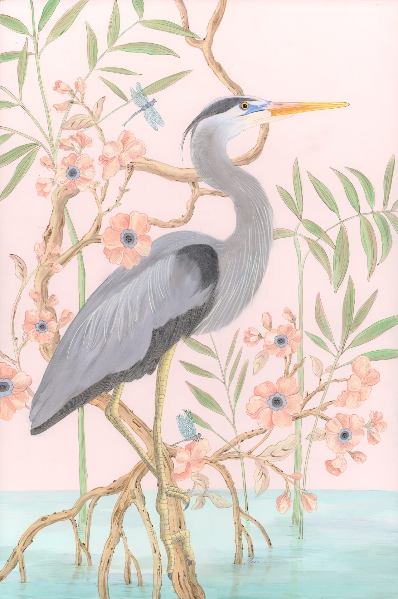 Great-blue-heron-coastal-art-chinpoiserie-painting-by-Allison-Cosmos